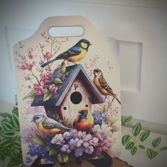 Bird Watcher Kitchen Decor, Environmentally Friendly Handled Bamboo Cutting Board Decorated w/ UV Ink with Unique Birds on Birdhouse Design