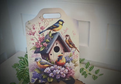 Bird Watcher Kitchen Decor, Environmentally Friendly Handled Bamboo Cutting Board Decorated w/ UV Ink with Unique Birds on Birdhouse Design
