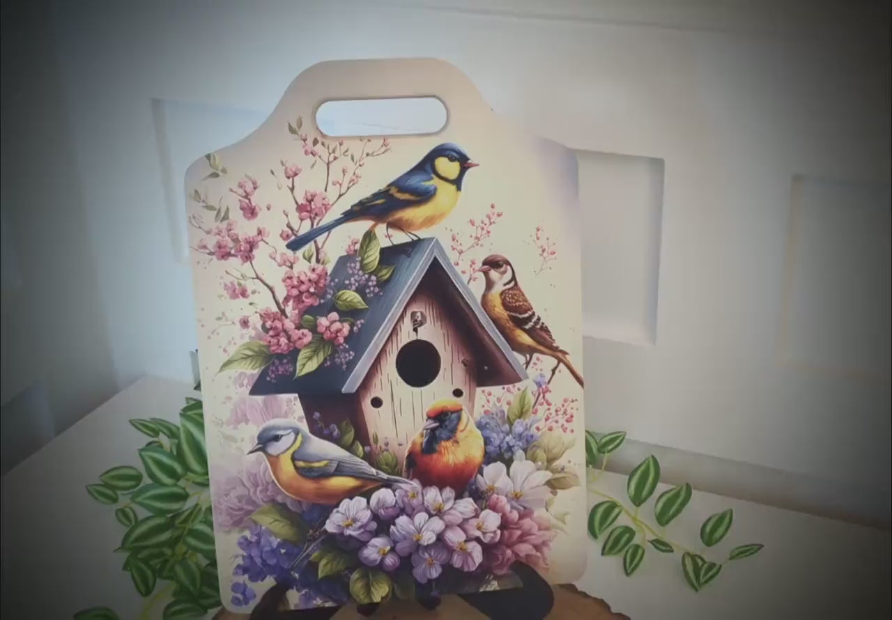 Bird Watcher Kitchen Decor, Environmentally Friendly Handled Bamboo Cutting Board Decorated w/ UV Ink with Unique Birds on Birdhouse Design