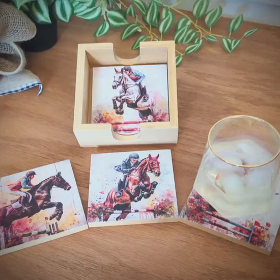 Personalized Equestrian Coaster Set of 4, Custom Horse Jumping Art Print, Steeplechase Gift, Horseback Riding Print, Tabletop Decoration
