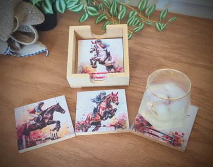 Personalized Equestrian Coaster Set of 4, Custom Horse Jumping Art Print, Steeplechase Gift, Horseback Riding Print, Tabletop Decoration