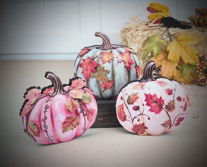 Personalized Fall Pumpkin Shelf Sitters Set of 3 – Custom Unique Pastel Pumpkins with Fall Leaves, A cozy trio that whispers “welcome fall”