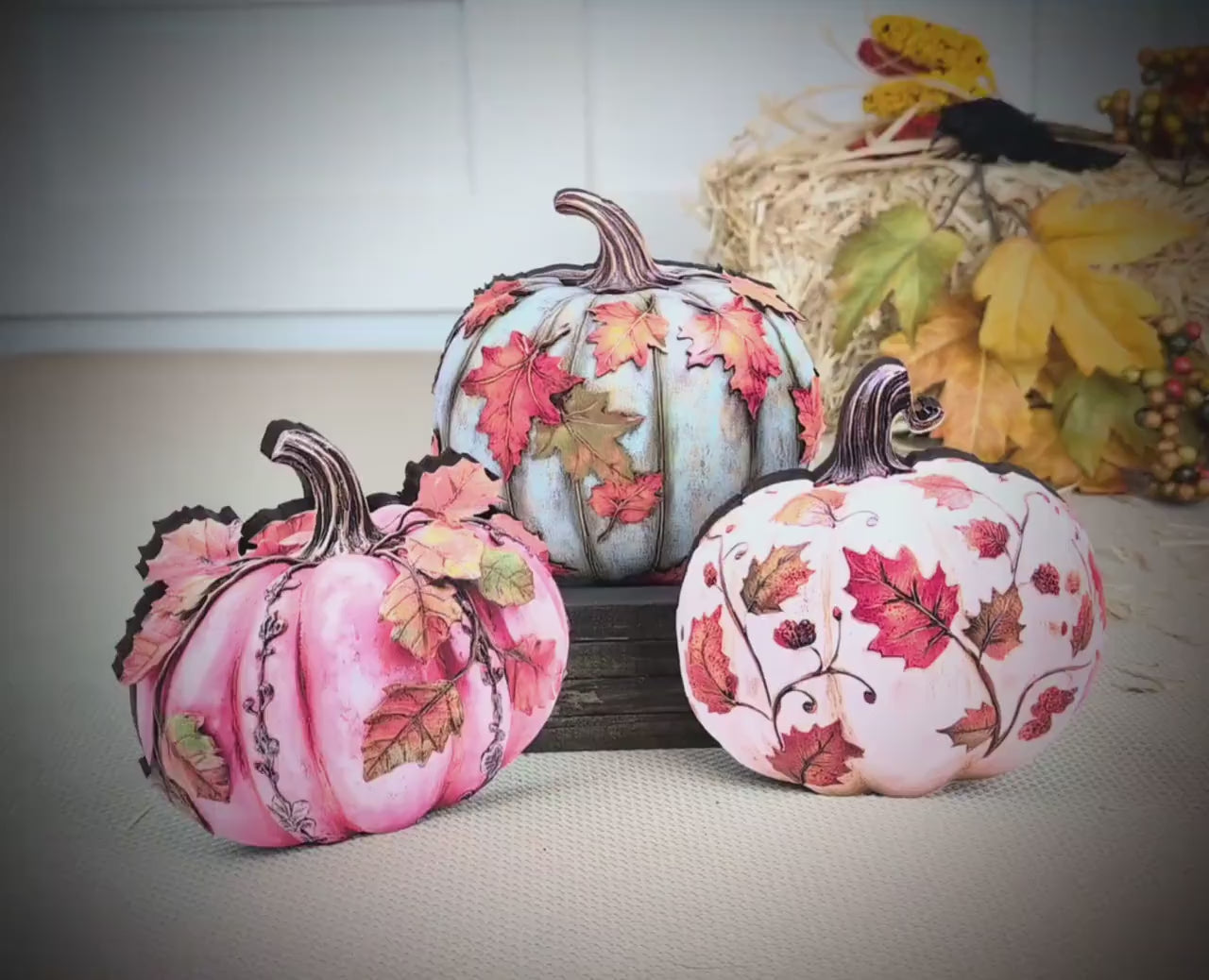 Personalized Fall Pumpkin Shelf Sitters Set of 3 – Custom Unique Pastel Pumpkins with Fall Leaves, A cozy trio that whispers “welcome fall”