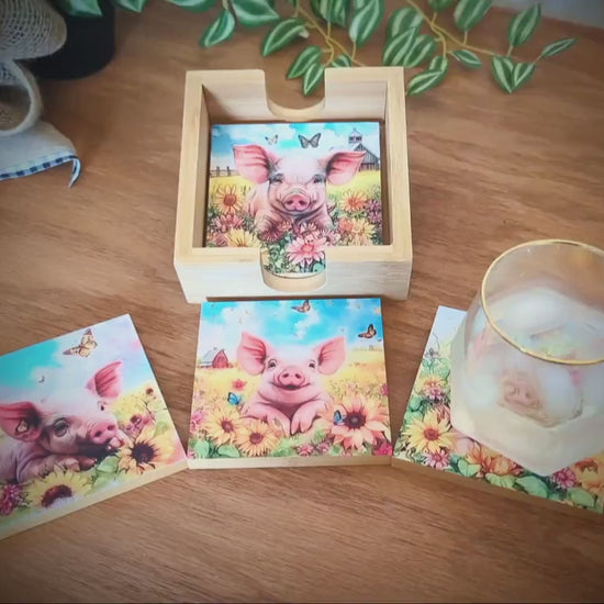 Personalized Coaster Set of 4, Cute Pig Lover Gift, Decorative Rustic Bamboo Table Protector, Charming Modern Farmhouse Decor,