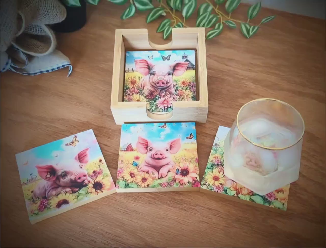 Personalized Coaster Set of 4, Cute Pig Lover Gift, Decorative Rustic Bamboo Table Protector, Charming Modern Farmhouse Decor,