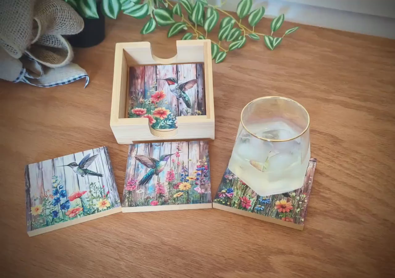 Personalized rustic wood coaster set of 4 with caddy, modern farmhouse table coasters, hummingbird lover gift, pallet style art, bamboo wood