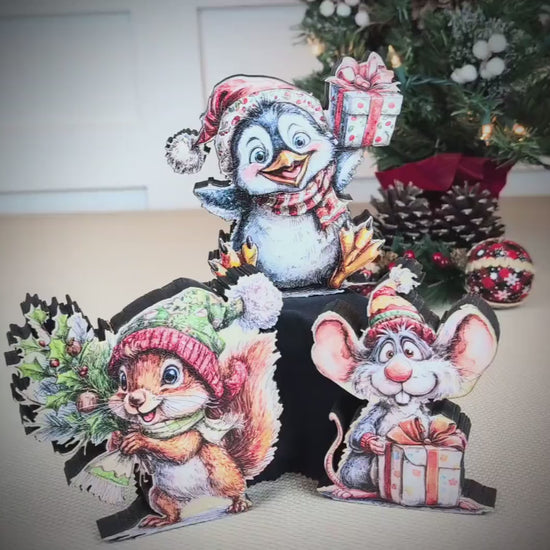 Personalized Christmas Shelf Sitters - Squirrel, Penguin, Mouse Set