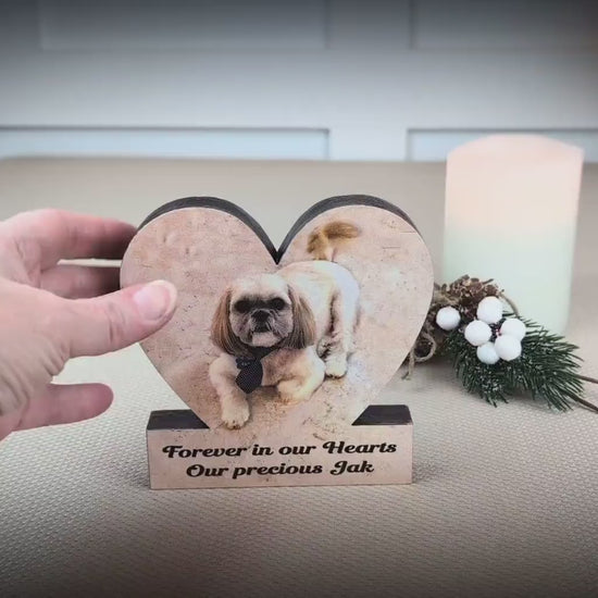 Custom Heart Shaped Pet Memorial Photo Shelf Sitter – Personalized Name Base, Dog/Cat Mantel Decor Using Your Favorite Photo