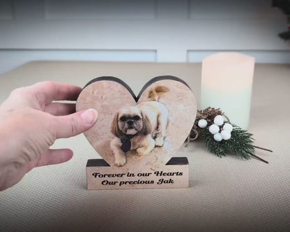 Custom Heart Shaped Pet Memorial Photo Shelf Sitter – Personalized Name Base, Dog/Cat Mantel Decor Using Your Favorite Photo