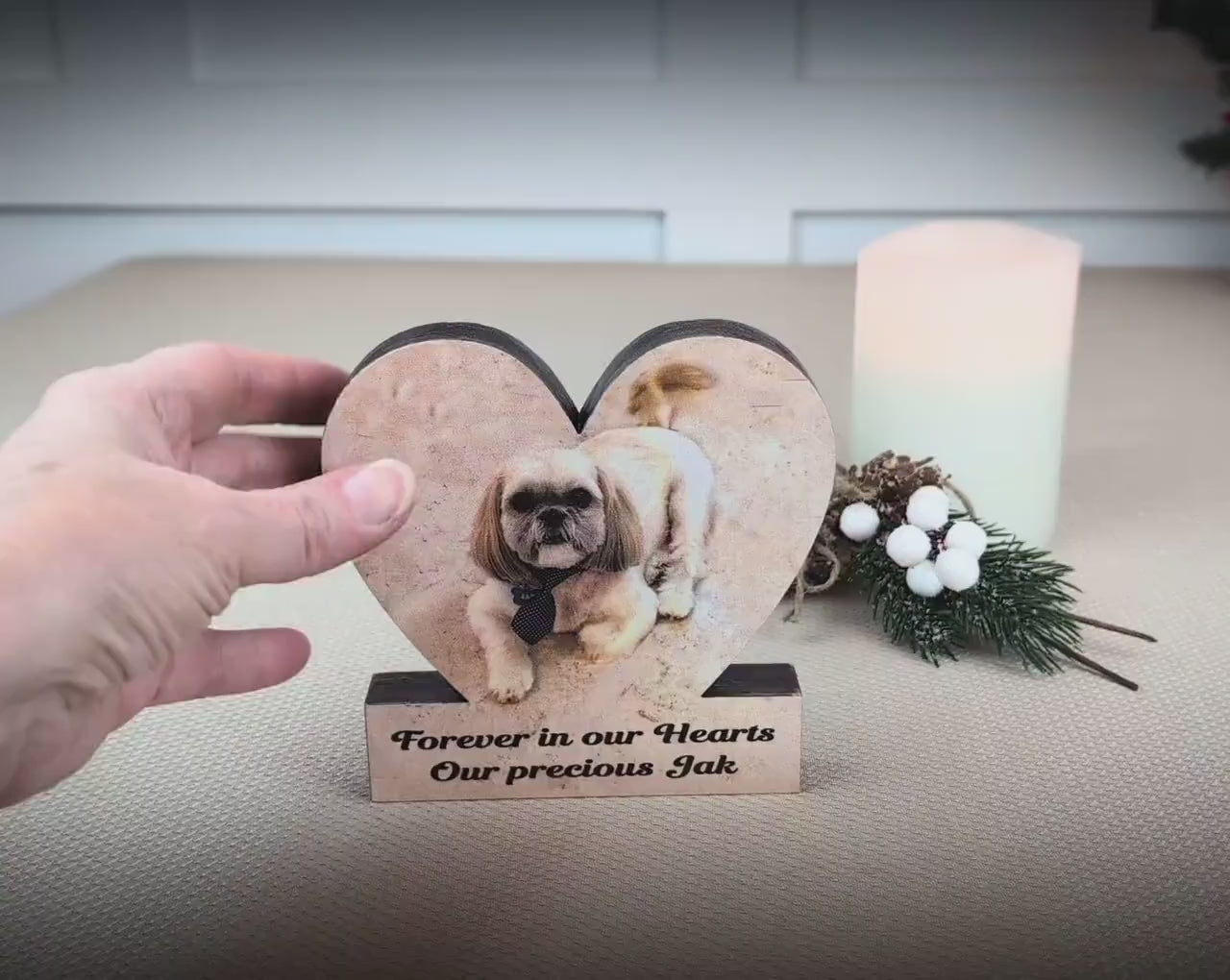 Custom Heart Shaped Pet Memorial Photo Shelf Sitter – Personalized Name Base, Dog/Cat Mantel Decor Using Your Favorite Photo