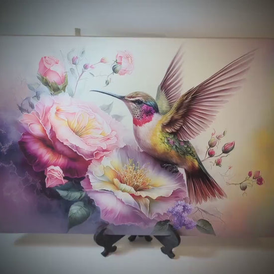 Graceful Hummingbird with Pink Roses Brighten up your Kitchen Decor, an Environmentally Friendly Bamboo Cutting Board Decorated with UV Ink