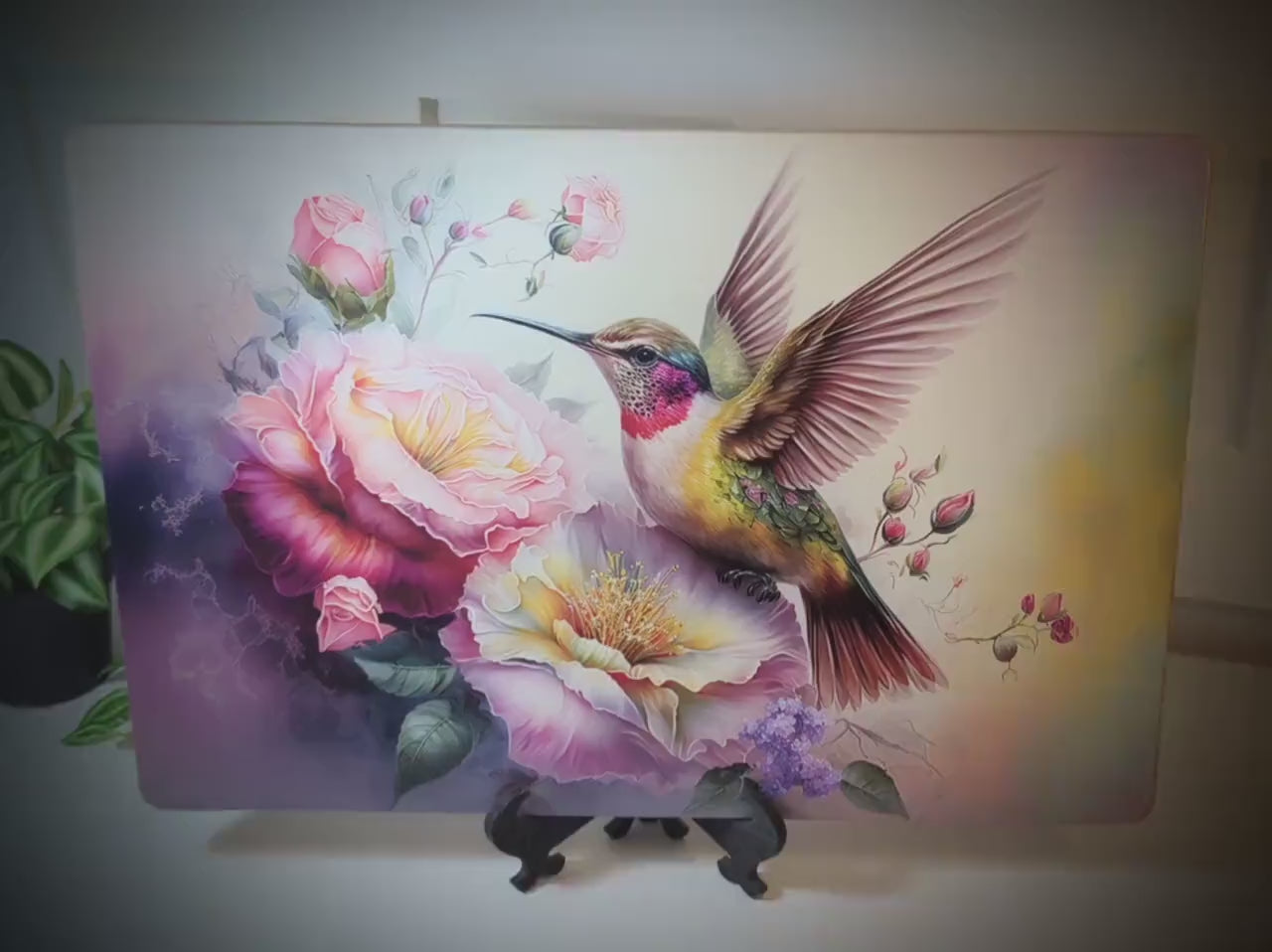 Graceful Hummingbird with Pink Roses Brighten up your Kitchen Decor, an Environmentally Friendly Bamboo Cutting Board Decorated with UV Ink