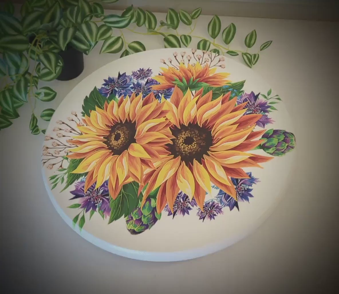 Sunflowers and Cornflowers Custom Lazy Susan Turntable, Personalized Kitchen and Bath Organizer, Unique Dining Table Centerpiece, Sizes Vary