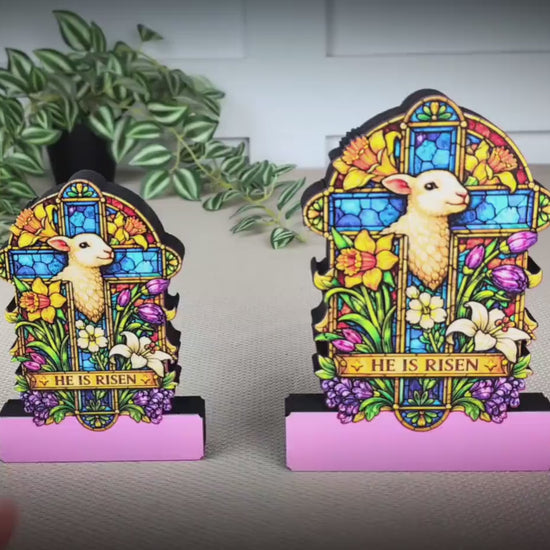 He Is Risen Easter Shelf Sitter – Wooden Stained-Glass Style Cross with Lamb, Personalized Christian Mantel Decor