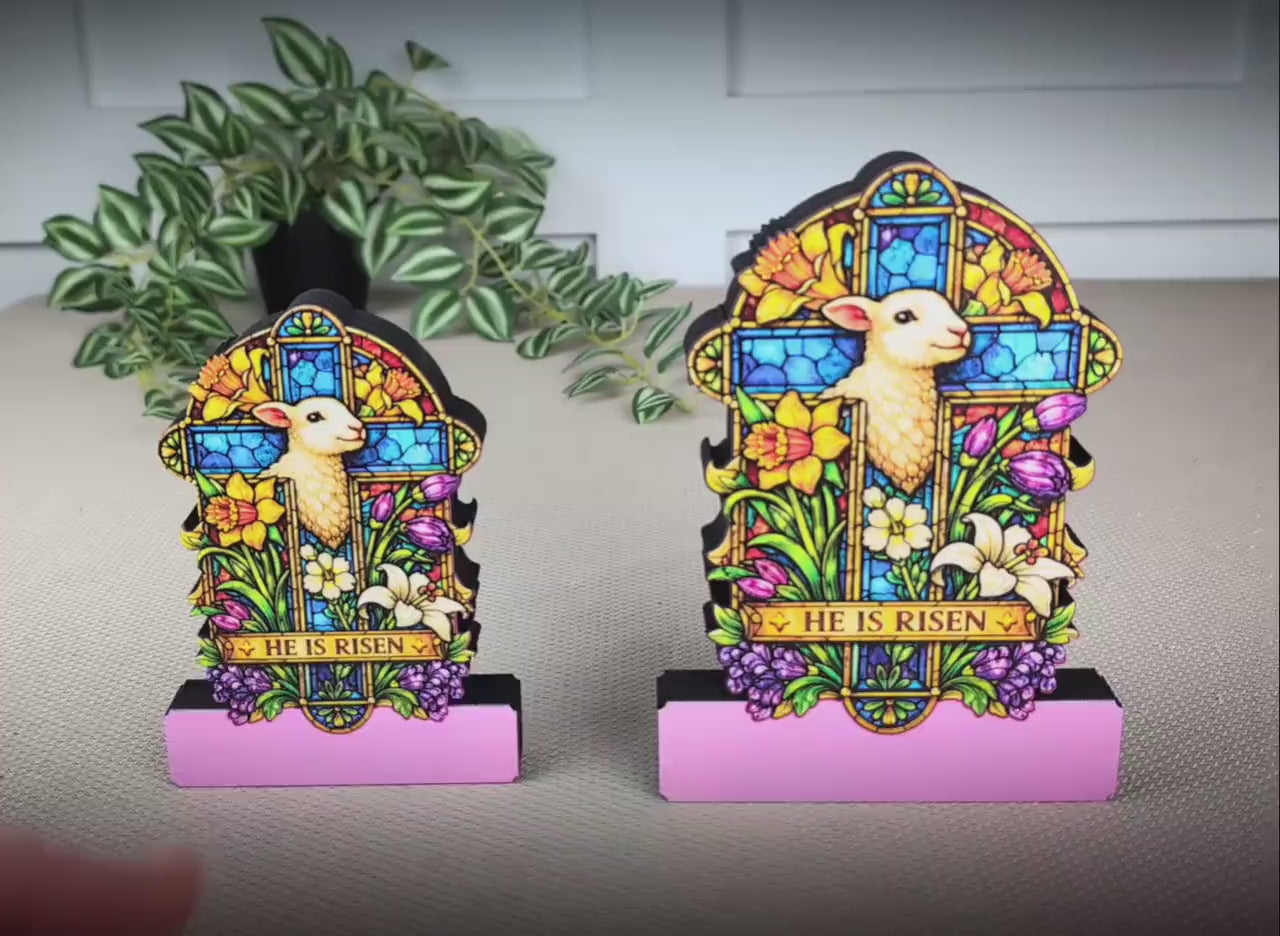 He Is Risen Easter Shelf Sitter – Wooden Stained-Glass Style Cross with Lamb, Personalized Christian Mantel Decor