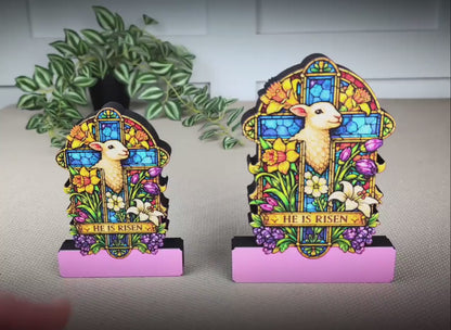 He Is Risen Easter Shelf Sitter – Wooden Stained-Glass Style Cross with Lamb, Personalized Christian Mantel Decor