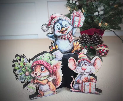 Christmas Shelf Sitters – Set of 3 Baby Critters Squirrel, Penguin & Mouse, Add Your Names, Holiday Mantel Decor. Whimsy that warms the room