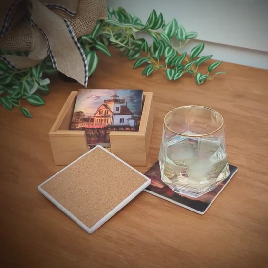 Set of 4 North Carolina Lighthouse Coasters with a caddy. Bamboo Coasters Decorated with Art Prints in UV Ink, Beach Decor, Nautical Decor