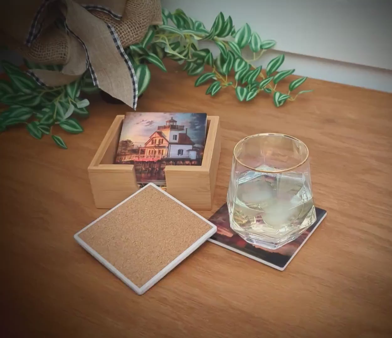 Set of 4 North Carolina Lighthouse Coasters with a caddy. Bamboo Coasters Decorated with Art Prints in UV Ink, Beach Decor, Nautical Decor