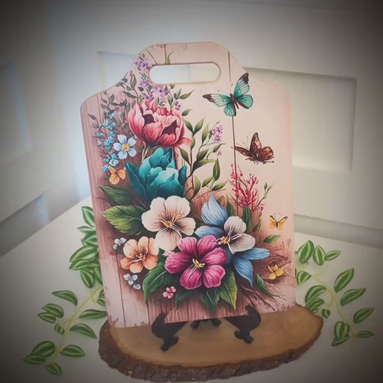 Flower Garden & Butterfly Kitchen Decor, Environmentally Friendly Handled Bamboo Cutting Board, Flowers against wooden Fence, Butterflies