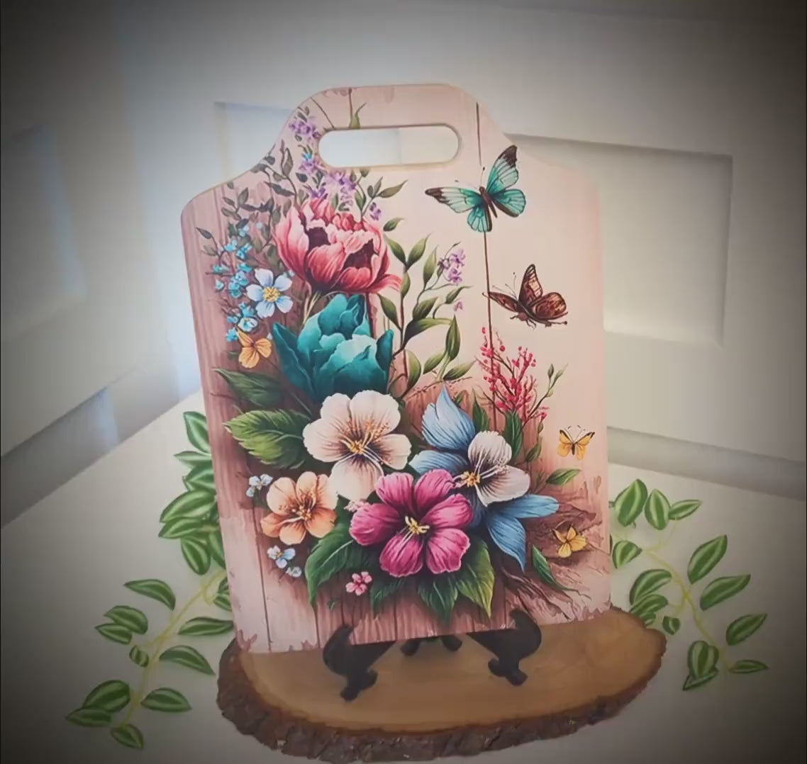 Flower Garden & Butterfly Kitchen Decor, Environmentally Friendly Handled Bamboo Cutting Board, Flowers against wooden Fence, Butterflies