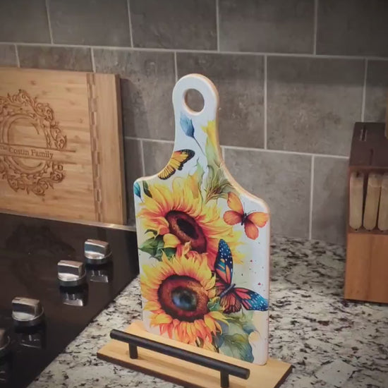 Sunflowers and Butterflies Cookbook Stand for the Kitchen from Environmentally Sustainable Bamboo with Pine Wood Accents to create an Easel