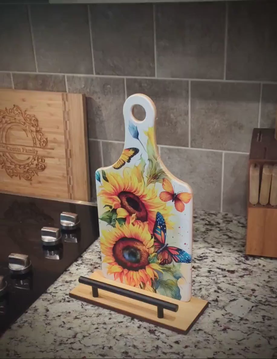Sunflowers and Butterflies Cookbook Stand for the Kitchen from Environmentally Sustainable Bamboo with Pine Wood Accents to create an Easel