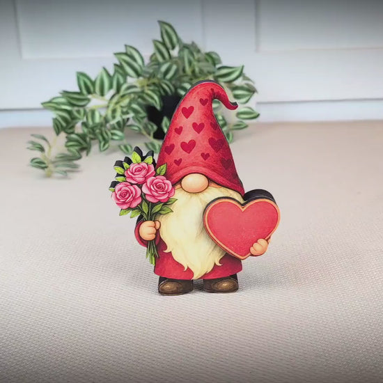 Valentine Gnome Shelf Sitter – Personalized Heart, Wooden Mantel & Tiered Tray Decor