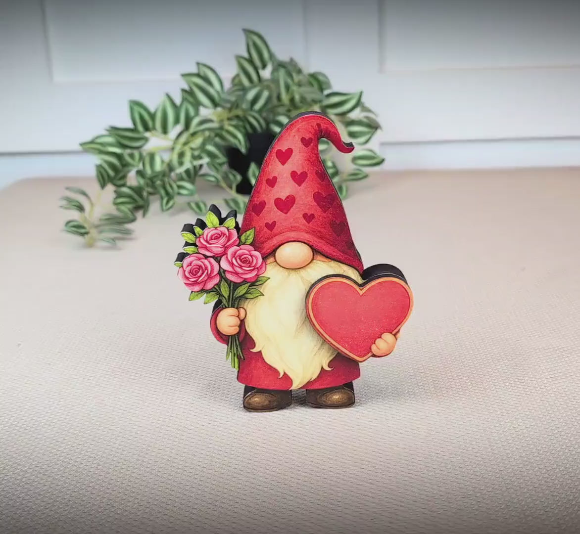Valentine Gnome Shelf Sitter – Personalized Heart, Wooden Mantel & Tiered Tray Decor
