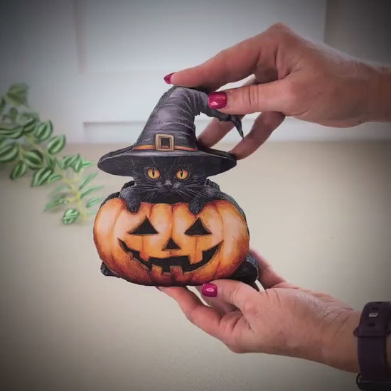Personalized Halloween Black Cat with Pumpkin Shelf Sitter, Custom Name,  Cute-Whimsical Décor Accent for Tiered Trays, Mantels & Shelves