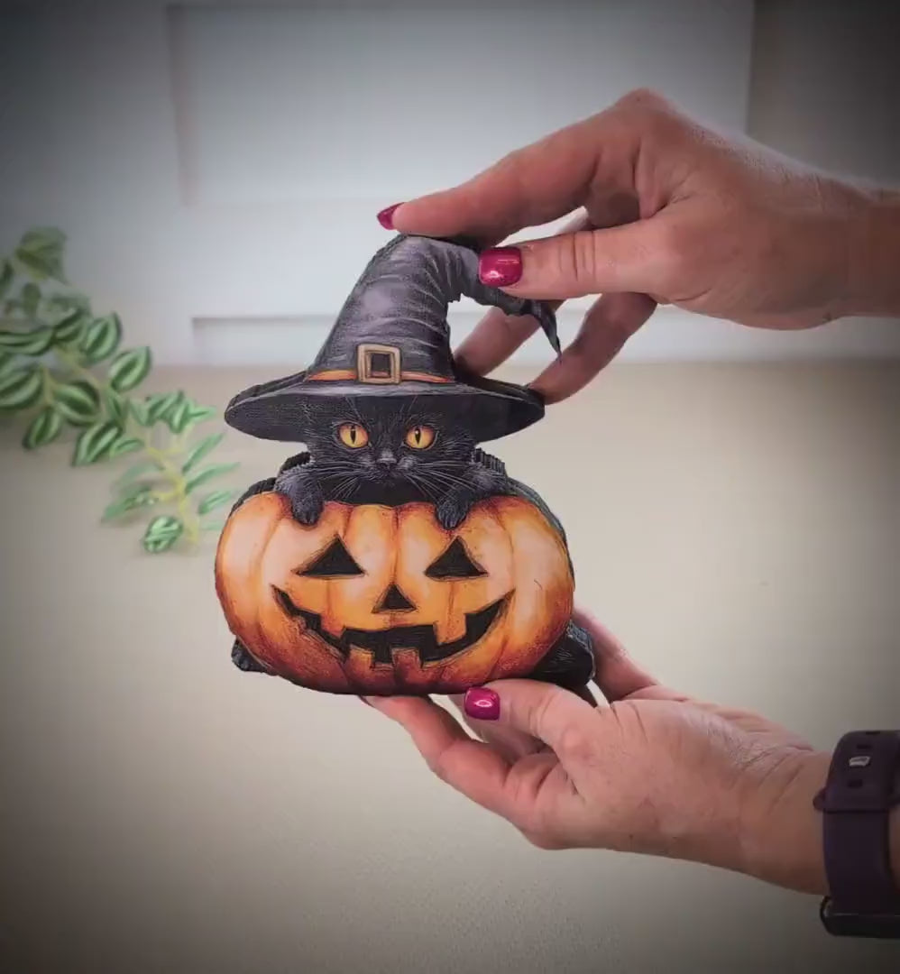 Personalized Halloween Black Cat with Pumpkin Shelf Sitter, Custom Name,  Cute-Whimsical Décor Accent for Tiered Trays, Mantels & Shelves