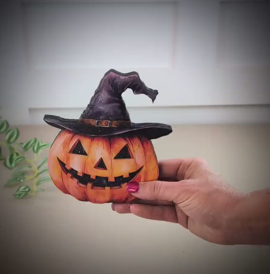 Personalized Halloween Pumpkin Shelf Sitter – Custom Name Jack-o’-Lantern with Witch Hat, Whimsy, Warmth, and Just a Little Witchy Charm