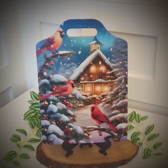 Christmas Cardinal Cutting Board, Rustic Winter Cabin Christmas Cardinals Decor, Environmentally Friendly Bamboo Cutting Board using UV Ink