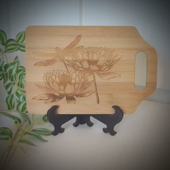 Artistic Dragonfly with Lotus Flowers Engraved on Bamboo Wooden Cutting/Cheese Board to Brighten your Kitchen Decor, great Dragonfly Gift