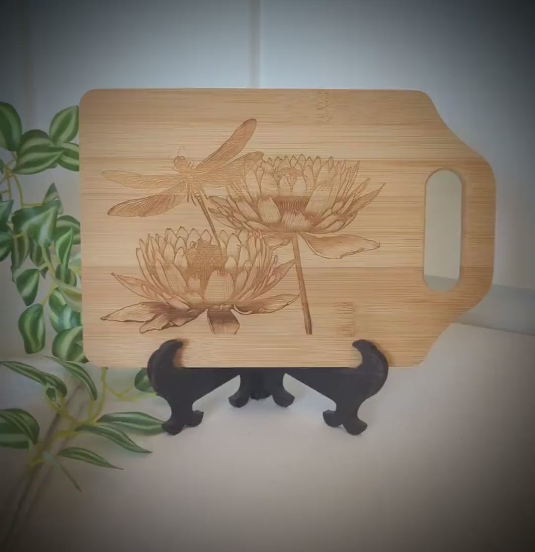 Artistic Dragonfly with Lotus Flowers Engraved on Bamboo Wooden Cutting/Cheese Board to Brighten your Kitchen Decor, great Dragonfly Gift