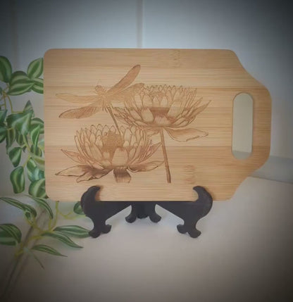 Artistic Dragonfly with Lotus Flowers Engraved on Bamboo Wooden Cutting/Cheese Board to Brighten your Kitchen Decor, great Dragonfly Gift