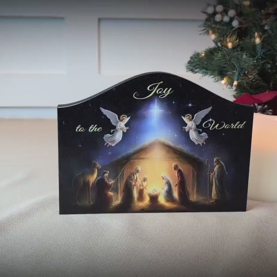 Nativity Scene Shelf Sitter – “Joy to the World” Personalized Wooden Manger Decor