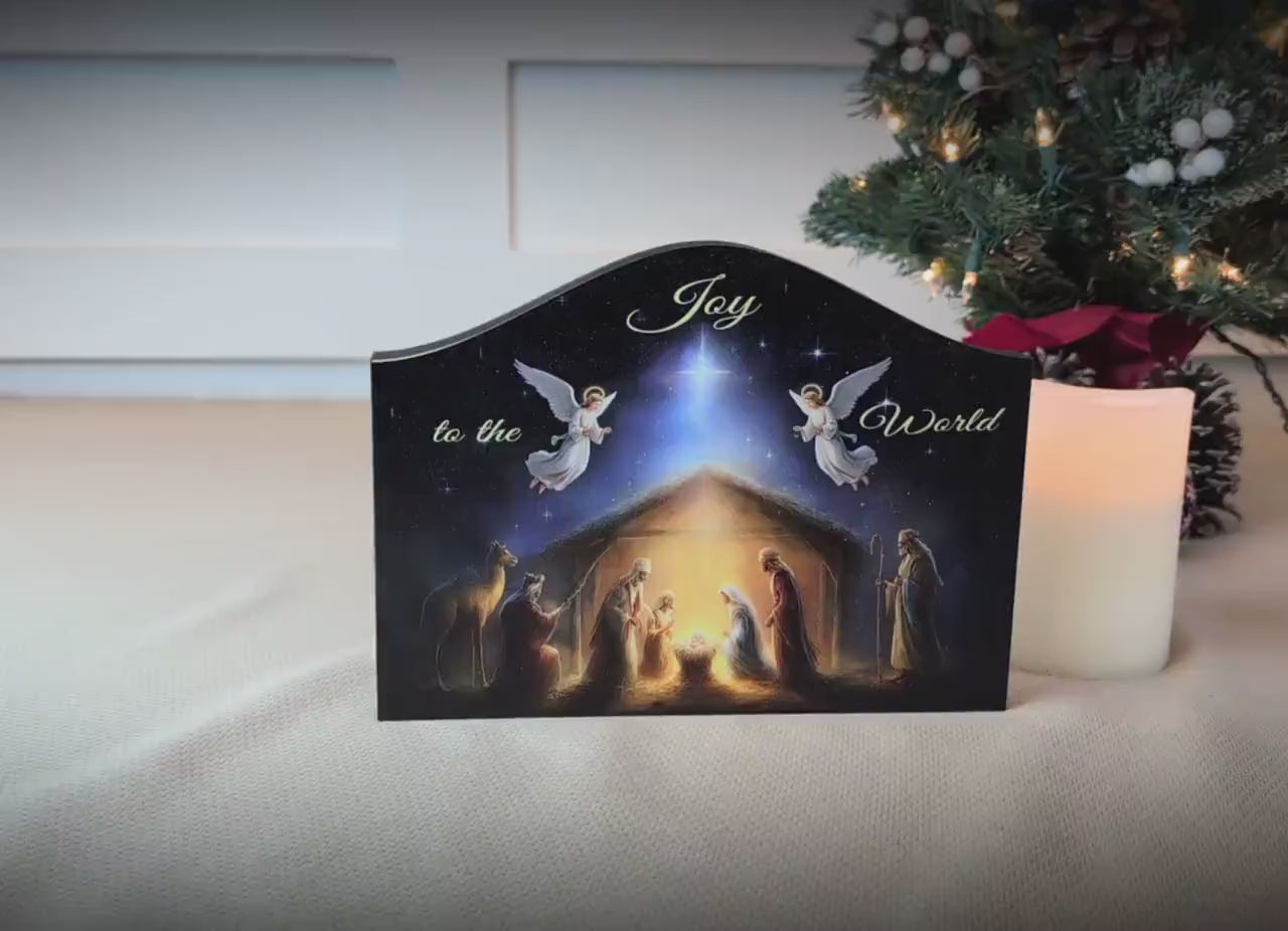 Nativity Scene Shelf Sitter – “Joy to the World” Personalized Wooden Manger Decor