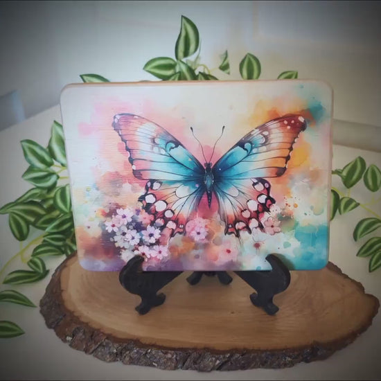 Colorful Blue Butterfly, Spring Flowers Brighten up your Kitchen Decor, Environmentally Friendly Bamboo Cutting Board Decorated with UV Ink