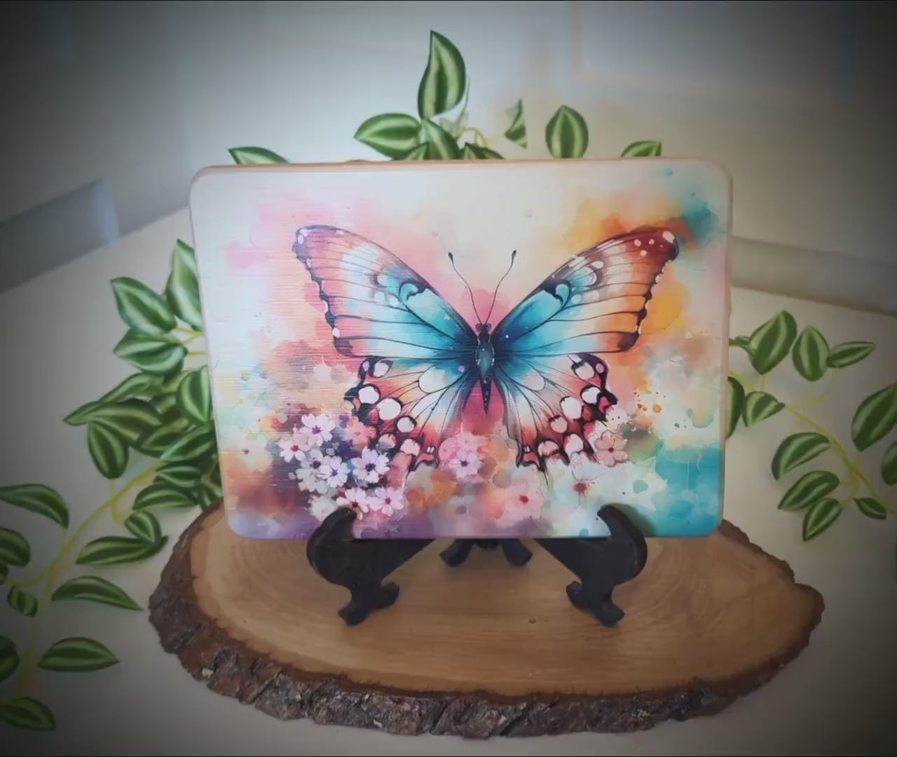 Colorful Blue Butterfly, Spring Flowers Brighten up your Kitchen Decor, Environmentally Friendly Bamboo Cutting Board Decorated with UV Ink