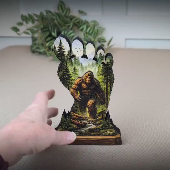Personalized Multi-layered Wooden Bigfoot Shelf Sitter – Sasquatch Mountain Decor, Mantel & Tiered Tray Decor