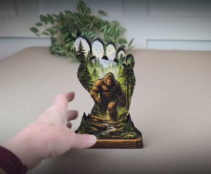 Personalized Multi-layered Wooden Bigfoot Shelf Sitter – Sasquatch Mountain Decor, Mantel & Tiered Tray Decor