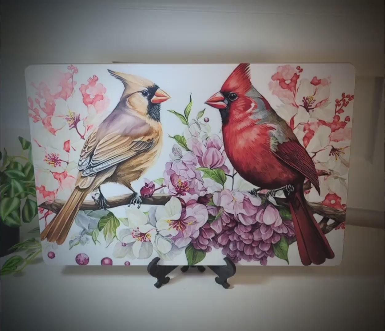 Cardinals with Spring Flowers Brighten up your Kitchen Decor, Environmentally Friendly Bamboo Cutting Board using UV Ink