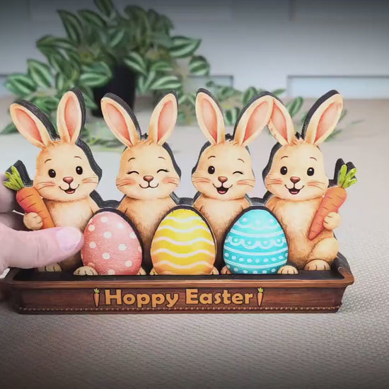 Bunnies in an Easter Basket With Eggs Shelf Sitter – Personalized Wooden Spring Mantel Decor, Perfect Mantel Decor or Tiered Tray