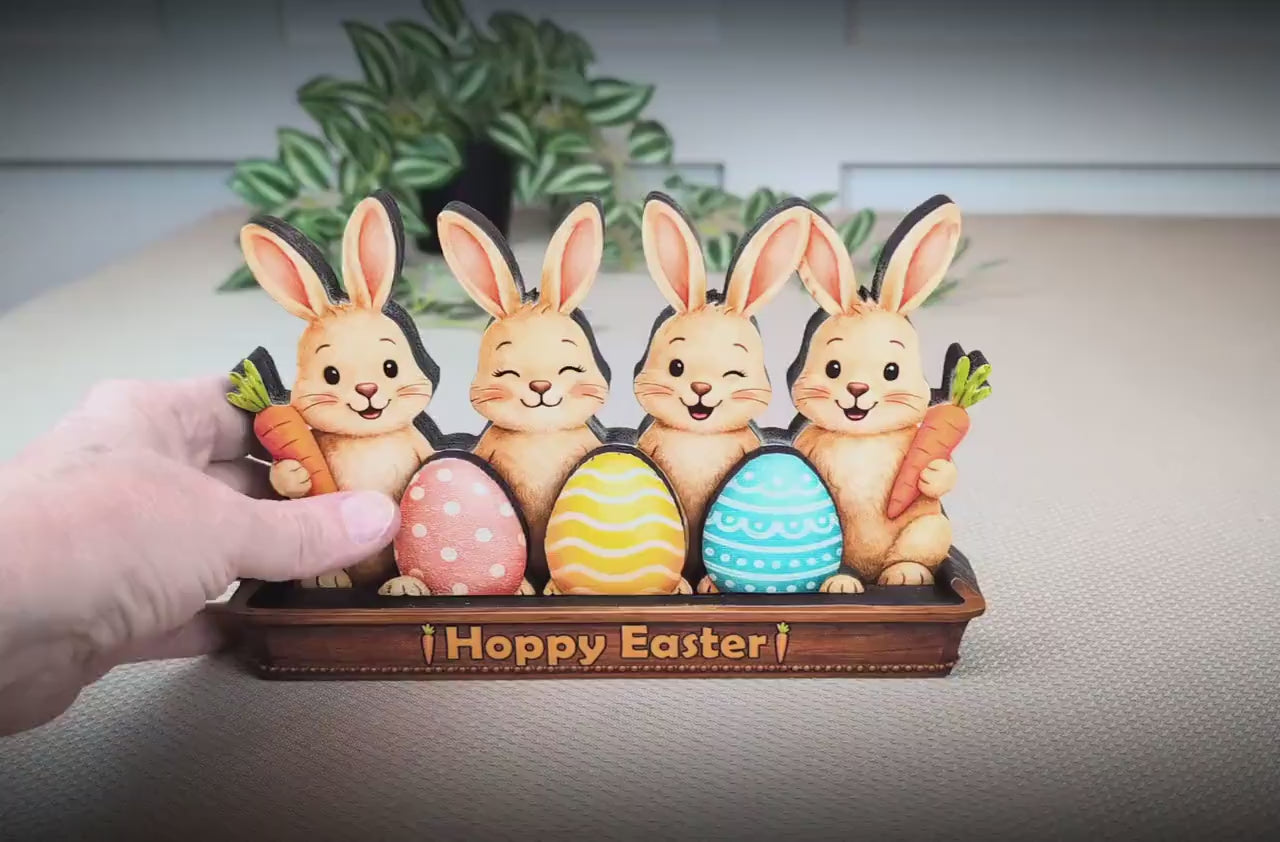 Bunnies in an Easter Basket With Eggs Shelf Sitter – Personalized Wooden Spring Mantel Decor, Perfect Mantel Decor or Tiered Tray