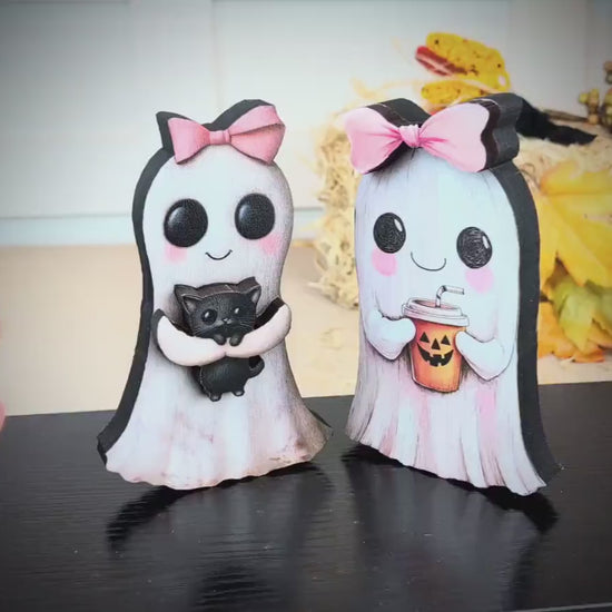 Ghost Shelf Sitters – Personalized Girl Ghosts with Pink Bows, UV-Printed Poplar Wood Halloween Decor, Sweetly Spooky & Irresistibly Cute