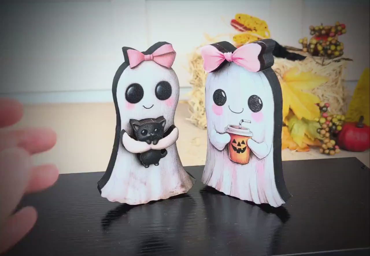 Ghost Shelf Sitters – Personalized Girl Ghosts with Pink Bows, UV-Printed Poplar Wood Halloween Decor, Sweetly Spooky & Irresistibly Cute