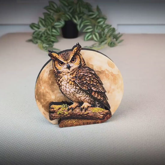 Personalized Owl and Full Moon Wood Shelf Sitter – Personalized Mantel, Shelf and Tiered Tray Decor