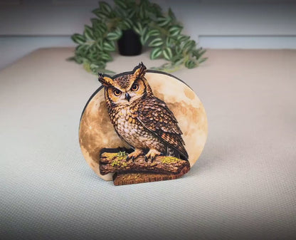 Personalized Owl and Full Moon Wood Shelf Sitter – Personalized Mantel, Shelf and Tiered Tray Decor