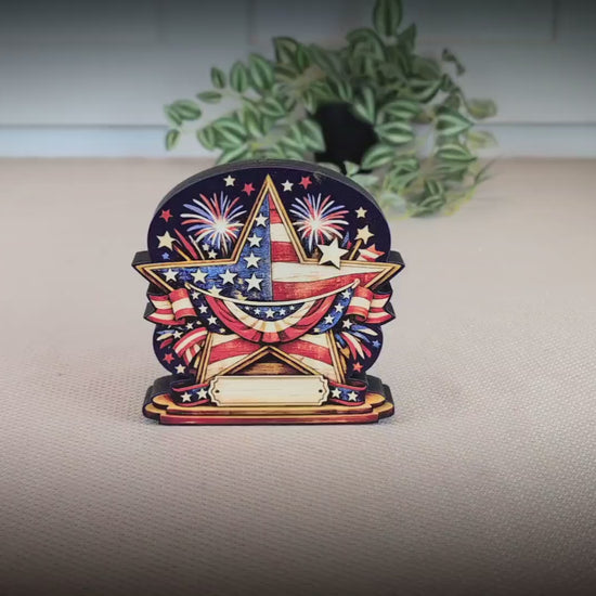 Personalized Patriotic Star Shelf Sitter, Americana Table Decor, 4th of July Decoration, Firework Shelf Sign, Independence Day Decoration